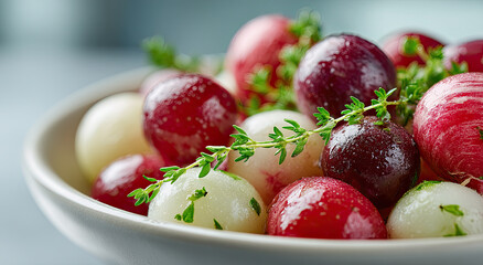 Poster - Fresh Radishes in a Bowl Garnished With Thyme, Representing Healthy Eating and Farm To Table Freshness, Ideal For Culinary Advertising
