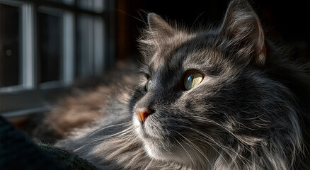 Poster - Close-Up of a Long-Haired Gray Cat Looking Out the Window, Representing Comfort and Pet Ownership, Ideal for Animal Welfare Campaigns