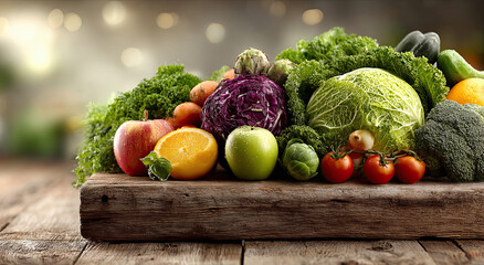 Aufkleber - Fresh Vegetables and Fruits on Wooden Surface, Representing Healthy Eating and Sustainable Lifestyle Choices for Nutrition and Wellness Campaigns