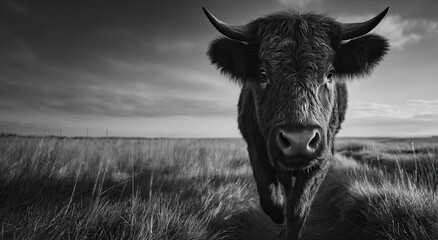 Poster - Majestic Highland Cow Stares Intently in Grayscale, Evoking Rural Serenity and Agricultural Heritage, Ideal for Conservation Campaigns