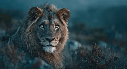 Fototapete - Lion Portrait With Intense Stare in the Wild, Representing Wildlife Conservation and the Power of Nature, Perfect for Environmental Awareness Campaigns