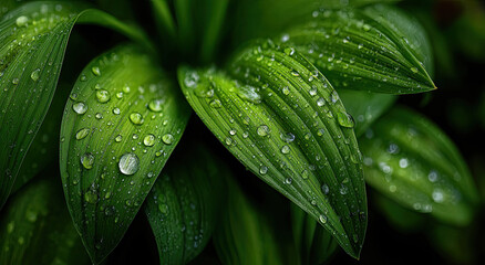 Poster - Close-Up of Green Leaves Covered in Water Droplets, Symbolizing Freshness and Environmental Awareness for Sustainable Living Concepts