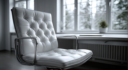 Poster - Elegant White Leather Office Chair Near Window, Showcasing Executive Style and Corporate Success, Ideal for Workspace Design and Interior Decor