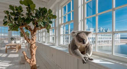 Aufkleber - Koala Sitting on Window Ledge in Bright Room, Symbolizing Contemplation and Peaceful Retreat, Ideal for Travel or Relaxation Content
