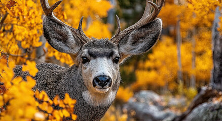Poster - Mule Deer Buck Portrait in Autumn Forest, Representing Wildlife Conservation and Natural Beauty for Tourism Promotion