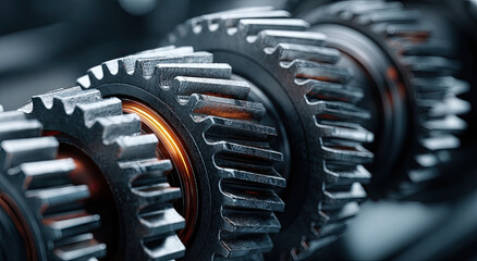 Aufkleber - Close Up of Interlocking Gears With Warm Light, Symbolizing Teamwork and Industrial Progress, Representing Mechanical Engineering and Innovation