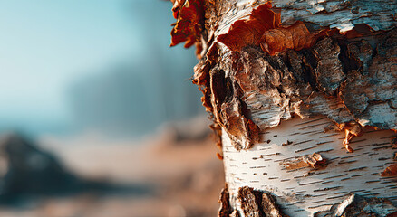 Poster - Close-Up of Birch Tree Bark with Peeling Layers, Symbolizing Natural Beauty and Environmental Awareness for Ecological Projects
