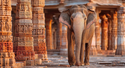 Poster - Elephant Walking Through Ancient Temple Ruins at Sunset, Symbolizing Travel and Cultural Heritage Tourism