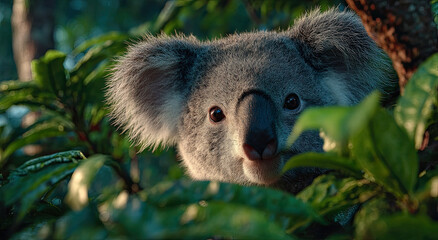 Fototapete - Koala Peeking Through Lush Green Foliage, Symbolizing Wildlife Conservation and Environmental Awareness in the Australian Outback