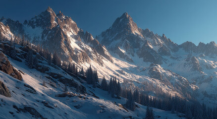Poster - Snowy Mountain Peaks and Evergreen Forest in Winter Sunlight, Showcasing Adventure Travel and Outdoor Exploration for Tourism Marketing