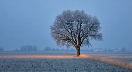 Poster - Solitary Tree Covered in Frost Standing in a Field at Dawn, Evoking Serenity and Winter Solitude for Environmental Awareness Campaigns