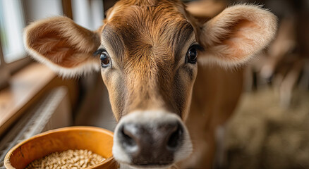 Poster - Close Up of a Brown Cow Looking at the Camera, Representing Animal Welfare and Sustainable Farming Practices on a Dairy Farm