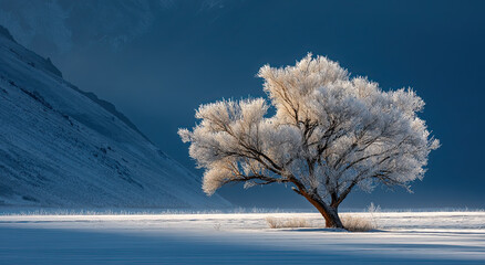 Poster - Frost Covered Tree in Winter Landscape With Snowy Field, Representing Seasonal Beauty and Environmental Awareness for Conservation Efforts