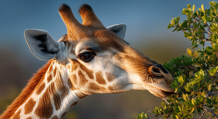 Poster - Close-Up of Giraffe Eating Leaves at Sunset, Representing Wildlife Conservation and Environmental Awareness in Nature Photography