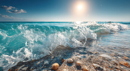 Poster - Crashing Ocean Wave on Sandy Beach Under Bright Sun, Representing Coastal Serenity and Summer Vacation
