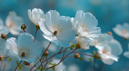 Aufkleber - Delicate White Flowers Blooming Against Soft Blue Backdrop, Symbolizing Purity and New Beginnings for Springtime Marketing Campaigns
