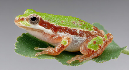 Poster - Close-Up of a Colorful Frog Resting on a Leaf, Symbolizing Wildlife Conservation and Environmental Awareness in Nature Photography