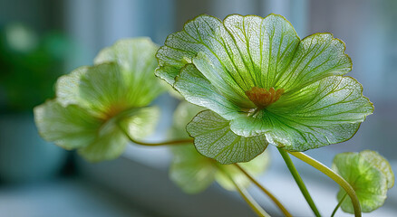 Poster - Close-Up of a Green Water Poppy Flower With Veins, Symbolizing Natural Beauty and Environmental Awareness for Sustainable Living Campaigns