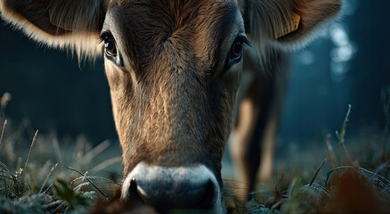 Poster - Close-Up of a Brown Cow Grazing in a Frosty Field at Dawn, Representing Sustainable Agriculture and Animal Welfare