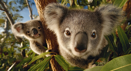 Poster - Two Adorable Koalas in a Tree, Representing Wildlife Conservation and Australian Tourism, Perfect for Educational Materials and Environmental Awareness Campaigns