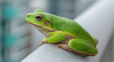 Poster - Green Tree Frog Perched on White Railing in Macro View, Symbolizing Environmental Awareness and Wildlife Conservation Efforts