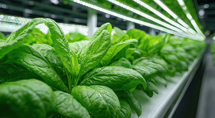 Aufkleber - Close-Up of Lush Green Plants Growing Indoors Under Artificial Lights, Showcasing Sustainable Agriculture and Modern Food Production Methods
