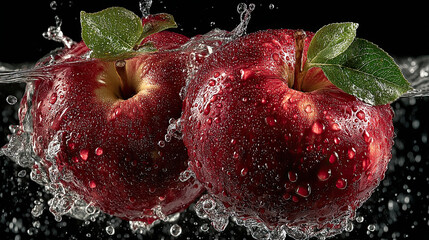 Poster - Two Red Apples Splashing in Water on Black Backdrop, Showcasing Freshness and Healthy Lifestyle Choices for Food Advertising and Product Photography