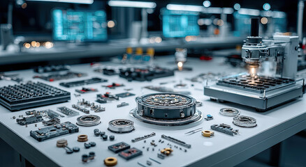Aufkleber - Precision Engineering Workbench With Intricate Components, Showcasing Technological Innovation and Manufacturing Excellence in a Clean, Modern Setting