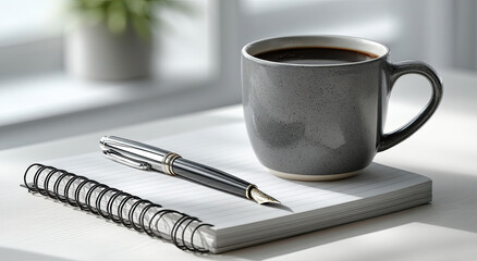 Poster - Coffee Cup and Pen on Notepad in Bright Sunlight, Symbolizing Productivity and Creative Writing for Business or Personal Growth