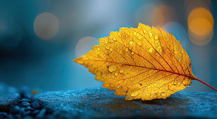 Aufkleber - Golden Autumn Leaf With Water Droplets, Symbolizing Seasonal Change and Environmental Awareness in Nature Photography