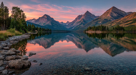 Poster - Tranquil Mountain Lake Reflecting Sunset Colors, Ideal for Nature Tourism and Outdoor Adventure Marketing Campaigns, Showcasing Serenity and Natural Beauty
