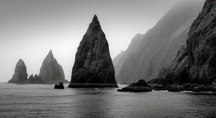 Poster - Dramatic Rock Formations Emerging From the Sea in Monochrome, Evoking Coastal Mystery and Environmental Awareness, Ideal for Travel and Adventure Campaigns