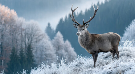 Poster - Majestic Red Deer Stag Standing in a Snowy Winter Landscape, Representing Wildlife Conservation and Ecotourism