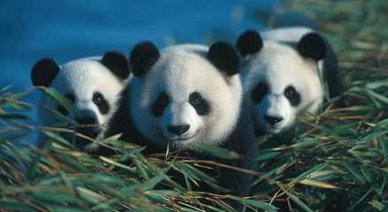 Poster - Three Giant Pandas Peeking Through Bamboo Shoots, Representing Wildlife Conservation and Endangered Species Awareness in Natural Habitat