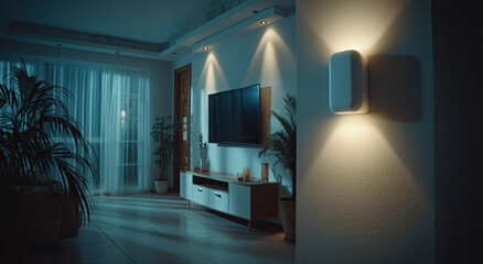 Poster - Modern Wall Sconce Illuminating a Minimalist Living Room at Night, Showcasing Home Decor and Interior Design Trends for Real Estate Marketing