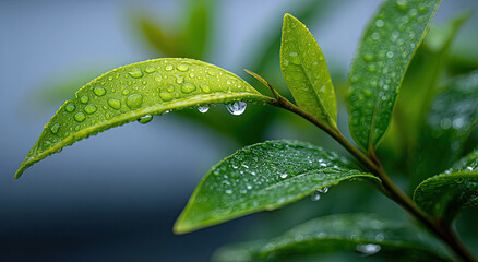 Poster - Close Up of Green Leaves Covered in Water Droplets, Symbolizing Freshness and Environmental Awareness, Perfect for Wellness and Sustainable Living Campaigns