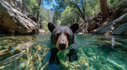 Poster - Black Bear Swimming in Clear River Water, Representing Wildlife Conservation and Environmental Protection in Natural Habitat
