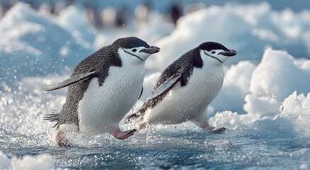 Aufkleber - Two Chinstrap Penguins Running on Ice Floe in Antarctica, Showcasing Wildlife Conservation and Environmental Awareness in a Remote Landscape