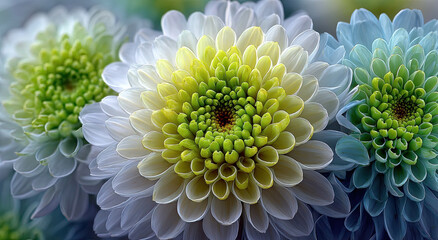 Poster - Close-Up of Three Colorful Chrysanthemums, Symbolizing Beauty and Natural Healing in Botanical Studies and Floral Design Projects