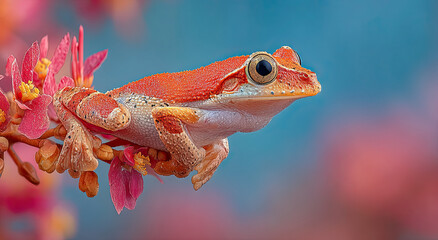 Poster - Orange Frog Perched on Branch with Pink Flowers, Symbolizing Springtime Renewal and Environmental Awareness with a Focus on Wildlife Conservation