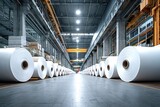 Large rolls of paper or cardboard storing inside a warehouse of a paper mill plant or a printing factory creating an industrial manufacturing atmosphere