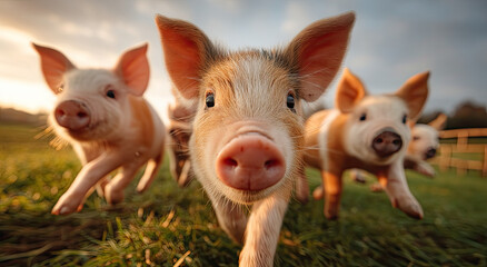 Poster - Group of Playful Piglets Running Through a Field at Sunset, Symbolizing Joy and Agricultural Opportunity