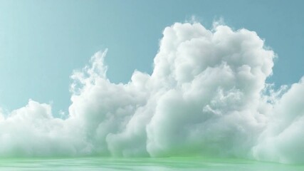 Poster - Cloudscape serenity: Behold a tranquil cloudscape with fluffy, radiant clouds floating gracefully against a soft, pastel sky above a reflective water surface.