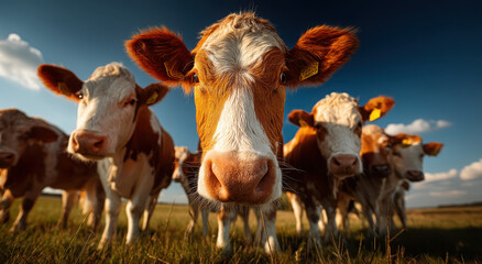 Poster - Herd of Brown and White Cows Staring at Camera on Farm, Showcasing Agricultural Sustainability and Ethical Animal Husbandry Practices