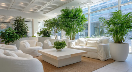 Poster - Bright and Airy Office Lobby With White Furniture and Green Plants, Representing Workplace Wellness and Corporate Sustainability Initiatives