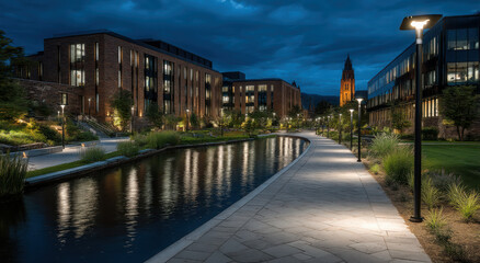 Fototapete - University Campus at Night With Illuminated Walkway and Reflections, Showcasing Educational Excellence and Architectural Innovation