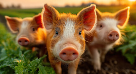 Poster - Three Cute Piglets Standing in a Field at Sunset, Representing Agricultural Success and Rural Lifestyle