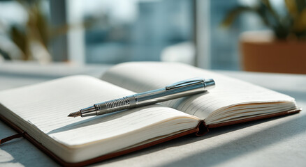 Aufkleber - Open Notebook With Pen on Desk by Window, Symbolizing Creativity and Journaling for Self-Improvement and Personal Growth, Ideal for Content Marketing