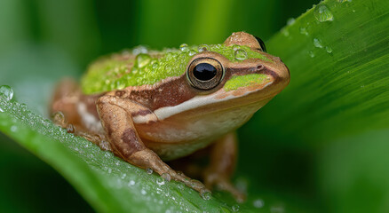 Poster - Green Tree Frog Covered in Dew Drops on a Leaf, Symbolizing Environmental Awareness and Natural Beauty in Wildlife Conservation Efforts