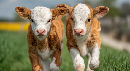 Poster - Two Adorable Calves Running in a Green Meadow, Symbolizing Animal Welfare and Sustainable Farming Practices, Perfect for Children's Education